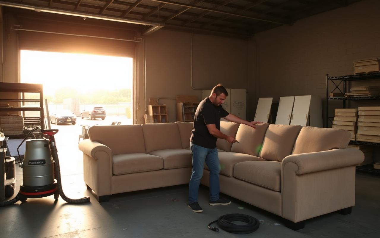 Inside the Whitby shop, cleaning a sectional